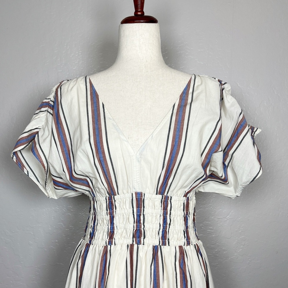 LOFT Beach Women’s Size S Ivory Blue Striped Smocked V-Neck Midi Dress Pockets - Picture 4 of 15